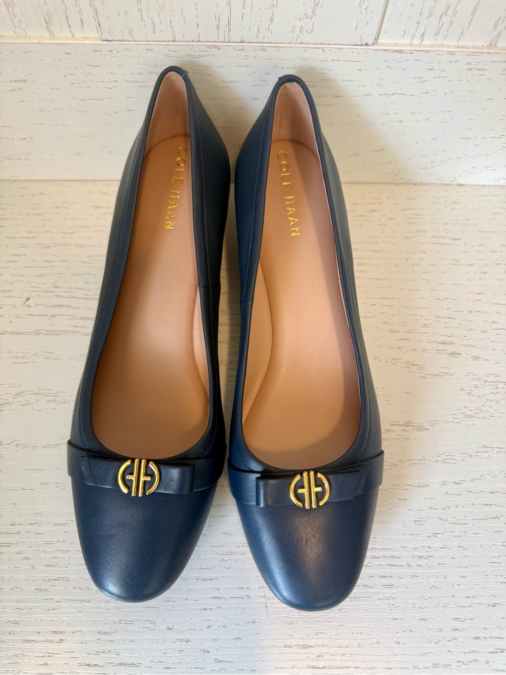 Cole Haan Navy Leather wedge pumps new without box size 8